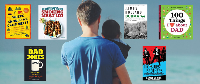 a father holding his child on the beach surrounded by book covers