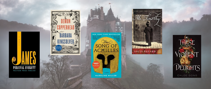 5 book covers on a magic castle background