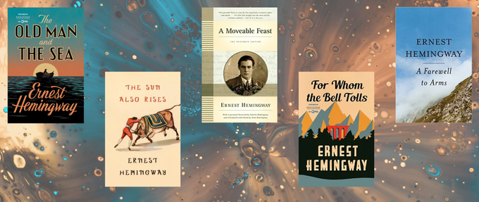ernest hemingway book covers on a bubbly copper/blue background