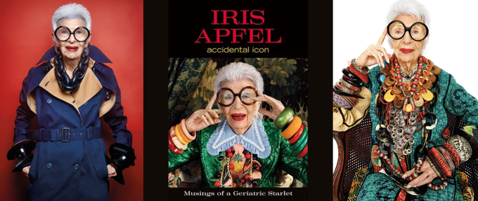 three images of iris apfel in funky outfits