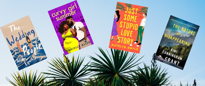 Four book covers in a half-circle above some palm trees.