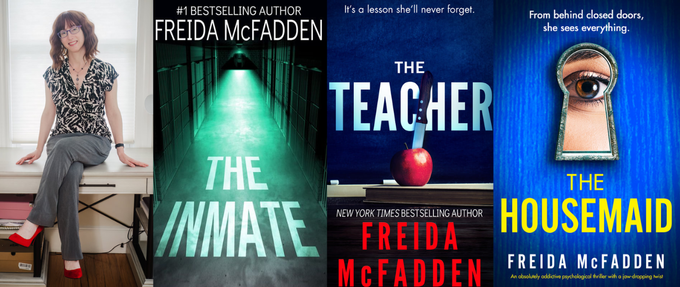 photo of freida mcfadden next to three of her book covers