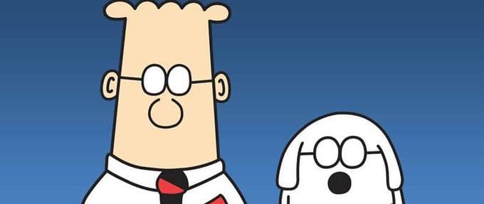 Dilbert and his dog against a blue background.