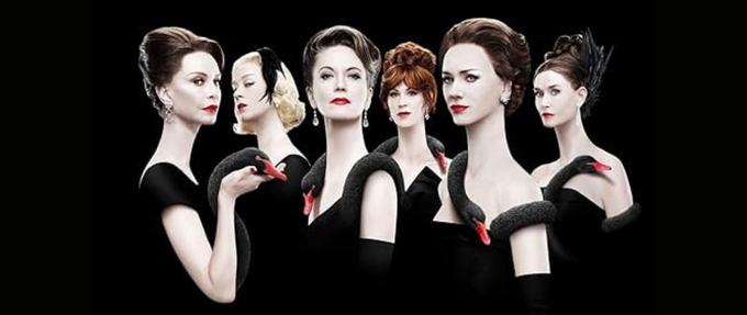 6 wealthy women wearing black swan dresses