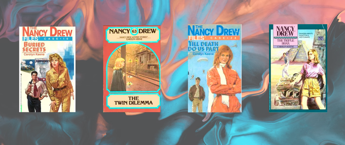 nancy drew book covers on colorful background